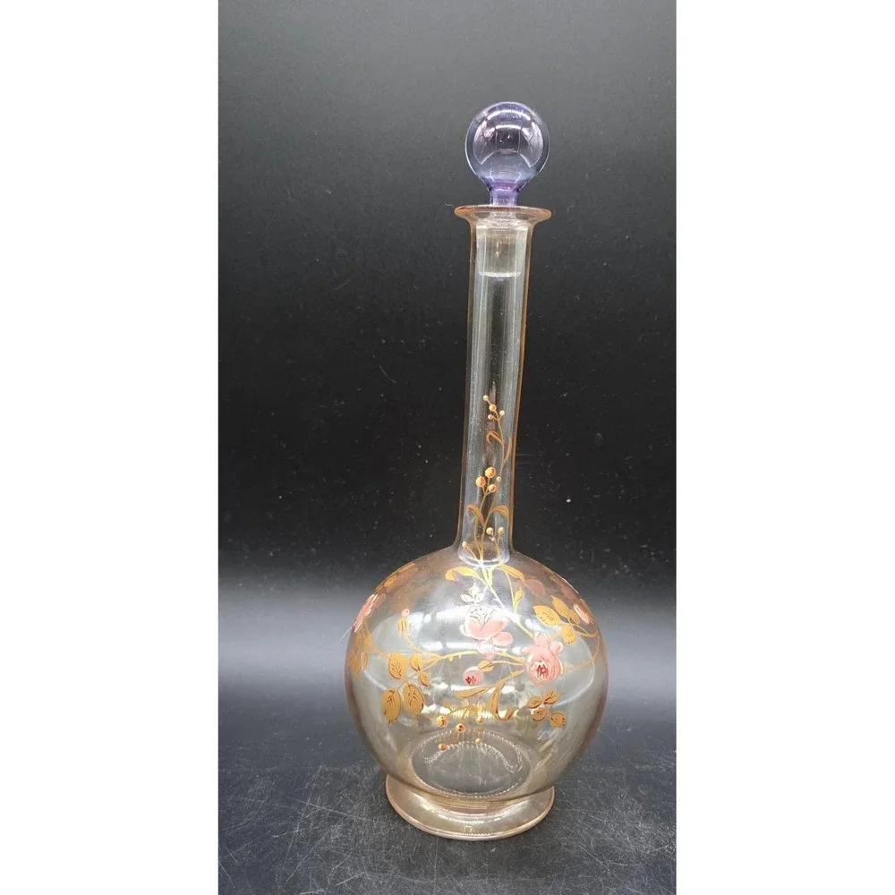 Victorian French Hand Painted Floral Glass Decanter Set Amber Purple Stopper 9